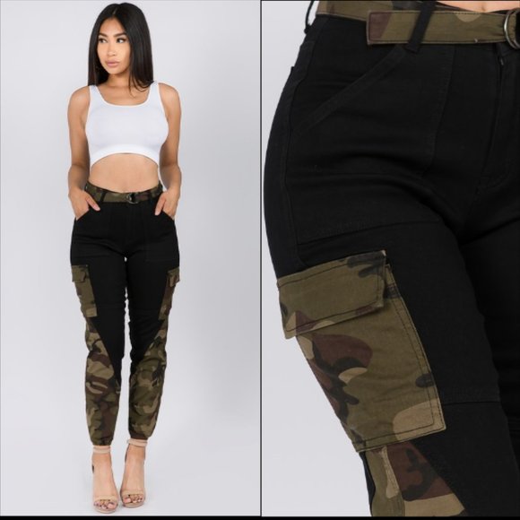 Jaxie’s Unique Pants - High Waist Camo/Black Block Joggers w/Belt